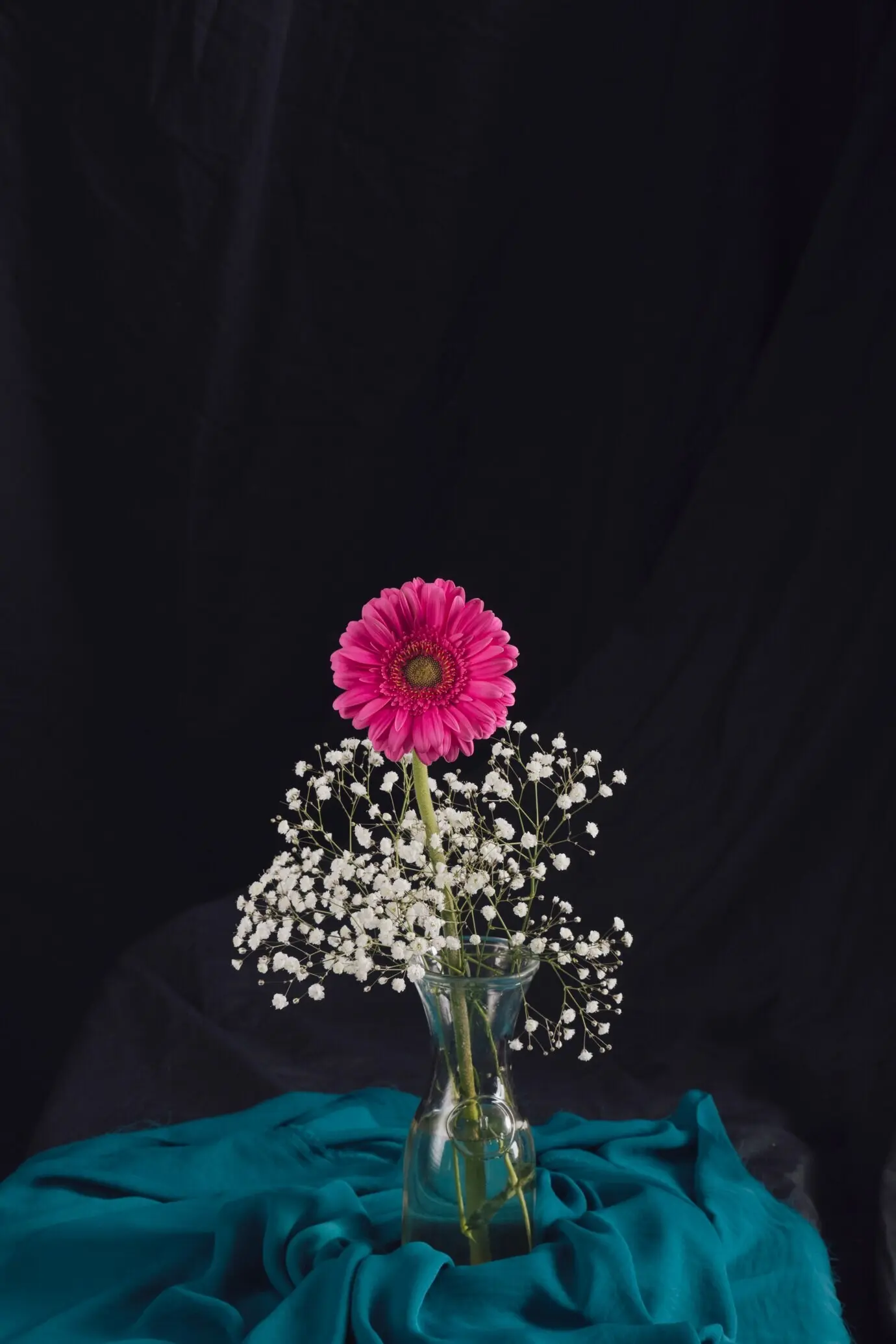 Pinkfarbene Blume mit blühenden Zweigen in einer Vase neben einem blauen Textil in Dunkelheit.